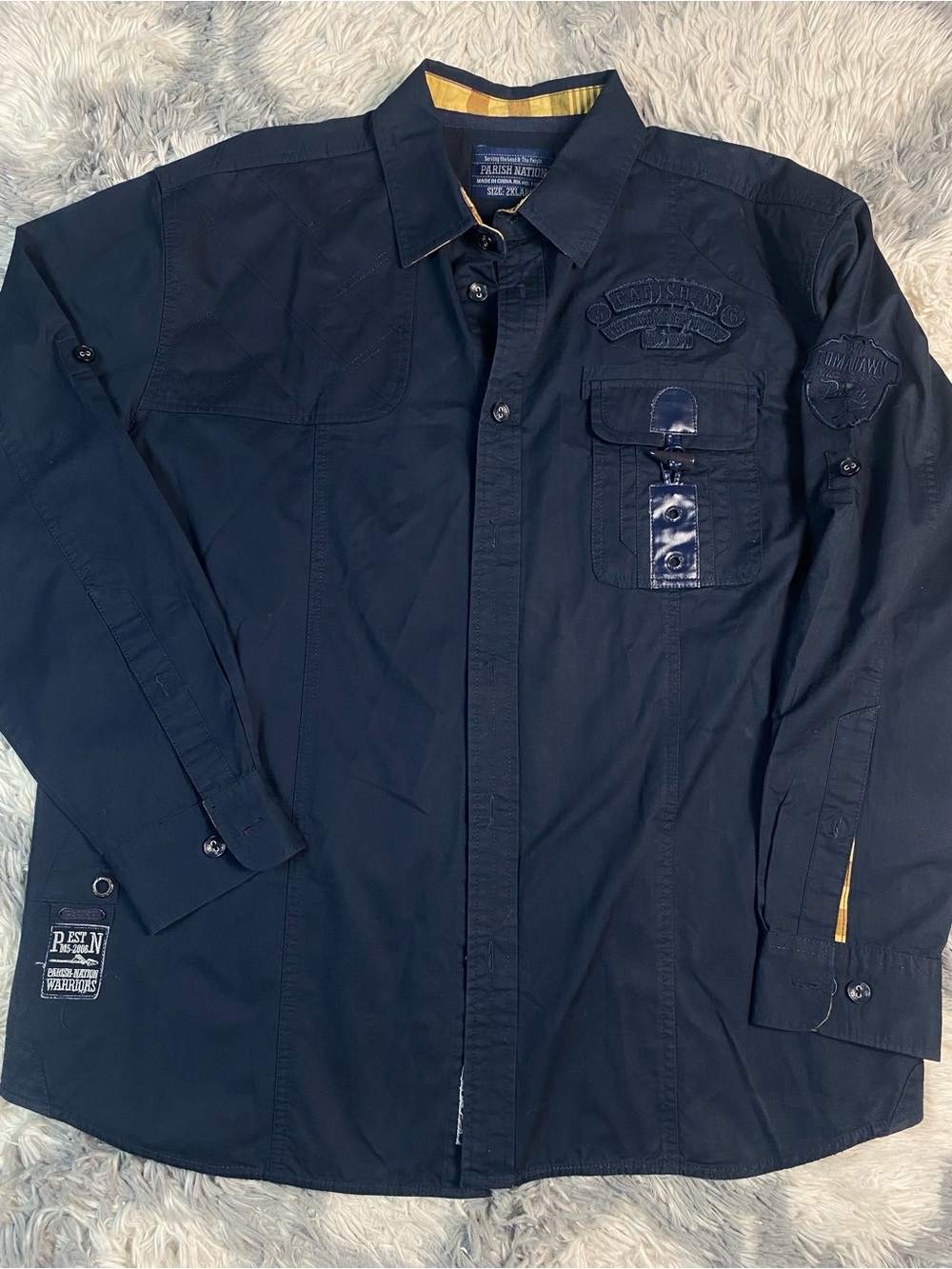 Parish Nation  Mens Embroidered Long Sleeve Button Front Shirt Navy Blue Sz 2XL